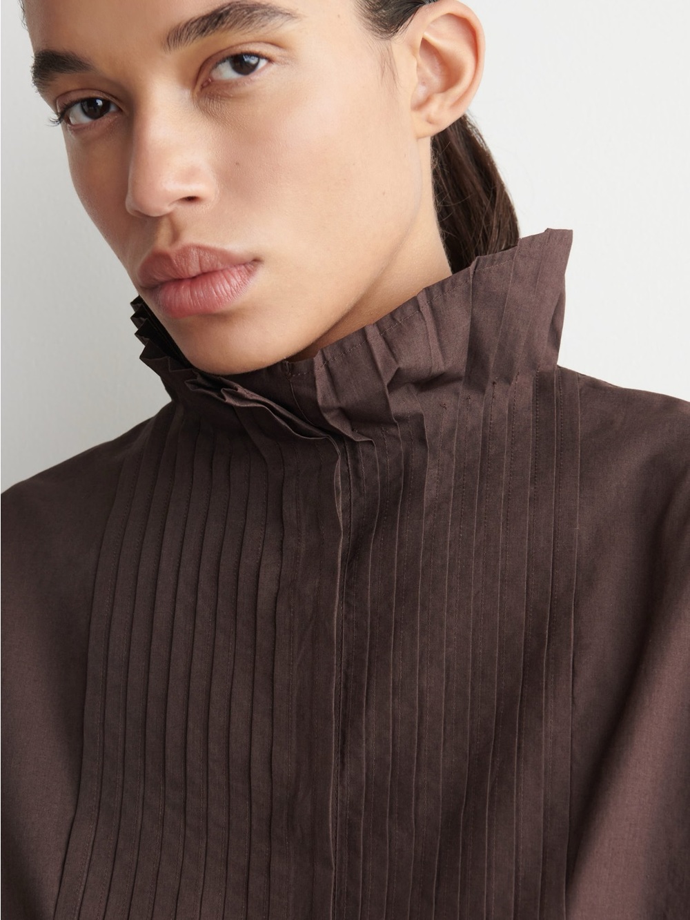 COS Pleated High-Neck Shirt in Dark Brown | Size 12